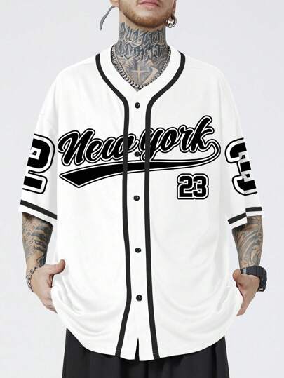 Prep Chemise de baseball à manches courtes décontractée pour hommes, imprimée de lettres et de chiffres, pour l'été, l'école, le tennis