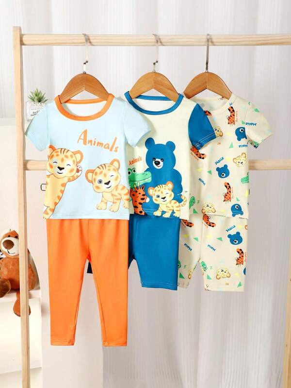 Conjunto de 6 peças para bebês recém-nascidos, T-shirt Casual de Manga Curta Com Número Digital Impresso a Laser e Calça Longa, T-shirt de manga curta impressa com número digital e shorts e T-shirt de manga curta com remendo com forma de animal impresso a laser e shorts para uso doméstico (ajuste justo)