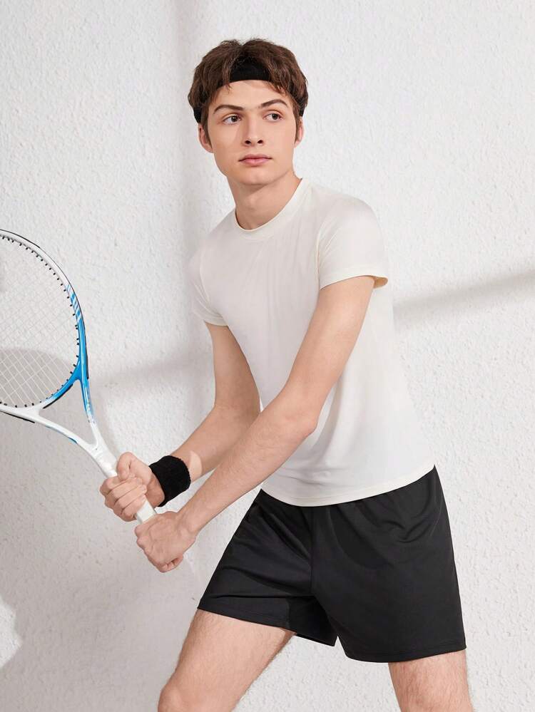 Teen Boy Solid Color Simple Round Neck Short Sleeve And Shorts Set