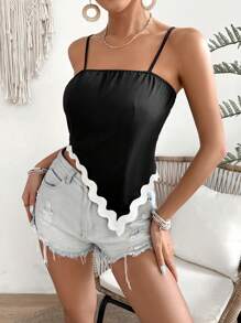 SHEIN VCAY Summer Asymmetrical Hem Spaghetti Straps Contrast Lace Black Tank Top - Black - View 6