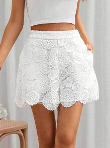 SHEIN Frenchy Women's Lace Shorts  With Pockets  Fashionable White High Waisted Lace Shorts Wedding Women Shorts Summer Pants Summer Bottomshigh Waisted Shorts Women Slacks - White - View 2