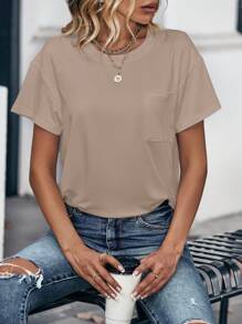INAWLY Áo thun nữ cổ tròn tay ngắn màu trơn thời trang - Màu Khaki - Xem 3