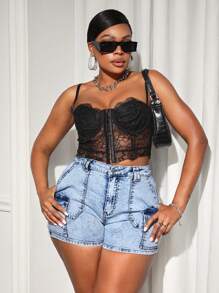 Slaydiva Plus Size Denim Stretchy Shorts With Chic Design And Versatile & Sexy Style - Blue - View 3