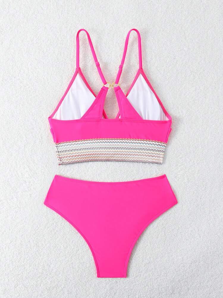 Solid Color Cross Wrap Spliced Tape Bikini Set Summer Beach