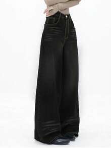 復古長版寬鬆直筒寬腿牛仔褲女款