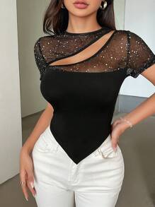 SHEIN Privé Ladies' Elegant Party Mesh Sequin Short Sleeve T-Shirt With Hollow Out Design - Black - View 6