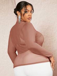 SHEIN BAE Plus Size Tay dài cổ cao Cổ đứng Lưới bó sát Áo bán xuyên thấu thời trang - Hồng - Xem 2