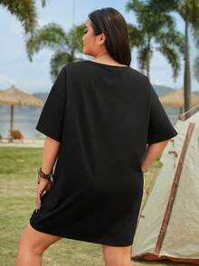 SHEIN EZwear 老虎和字母圖形 O-Ring 前掛肩短袖 - 黑色 - 查看 2