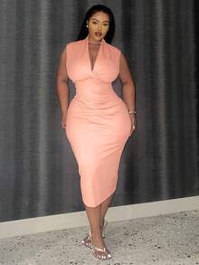 BIUBIU Women's Plus Size Solid Color Crossed Fold Detail Ruched Hem  Bodycon Dress - Pink - View 4