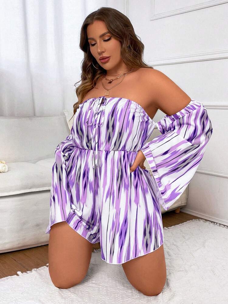 Summer Plus Size Off Shoulder Striped And Printed Jumpsuit