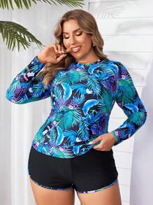 Swim Mulvari Plus Size Women's Summer Beach Long Sleeve Sun Protection Tropical Plant Print Rashguard Set For Vacation - Multicolor - View 1