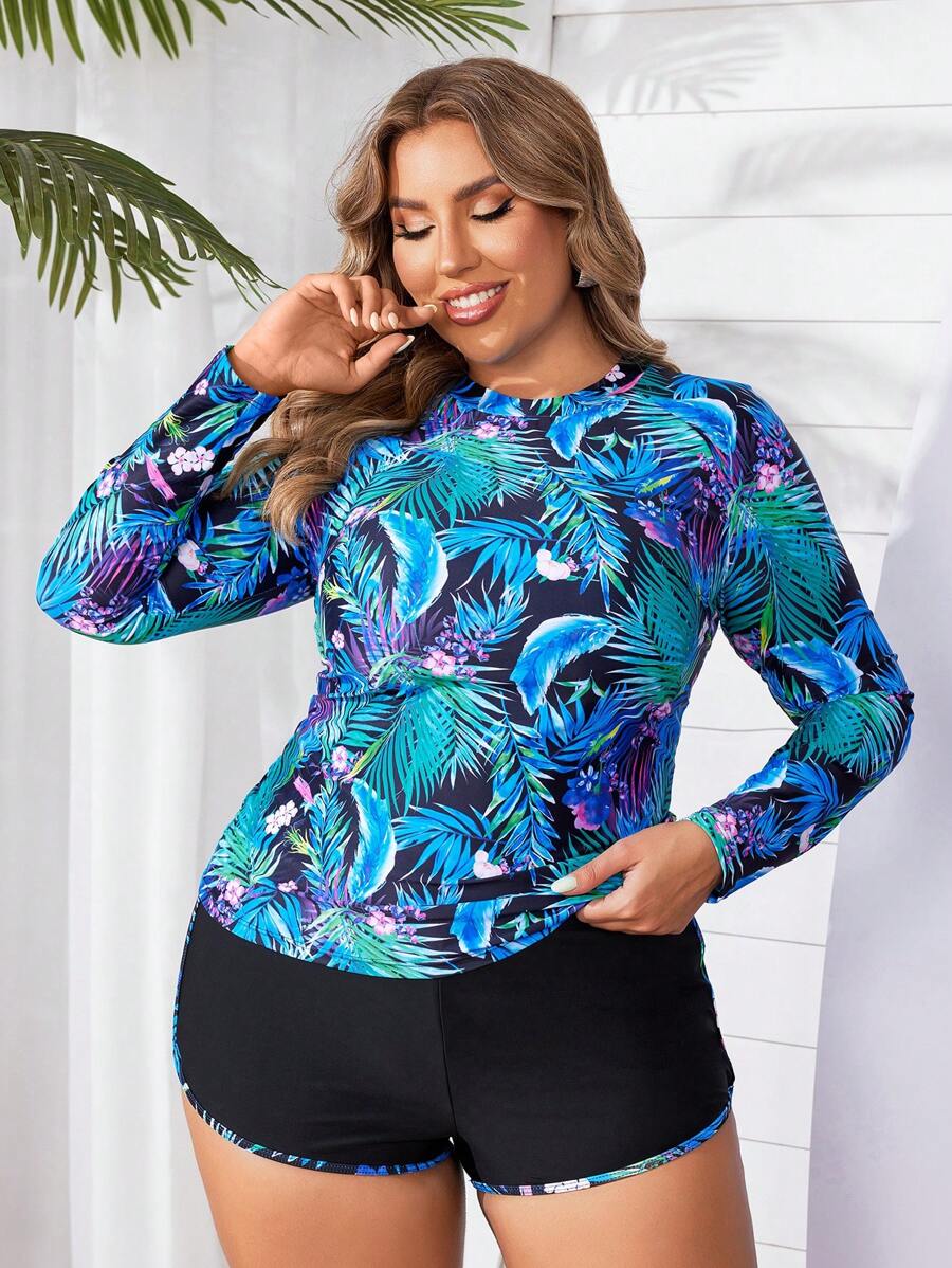 Swim Mulvari Plus Size Women's Summer Beach Long Sleeve Sun Protection Tropical Plant Print Rashguard Set For Vacation - Multicolor - View 1