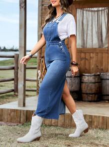 SHEIN LUNE Ladies" Fashion Solid Color Denim Overall Dress - Medium Wash - View 6