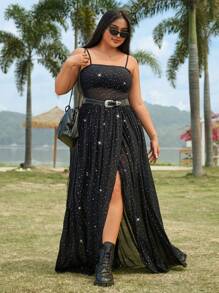 SHEIN EZwear 女士加大尺碼純色閃片背心裙 - 黑色 - 查看 6