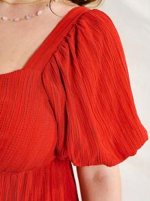 Sunnyshic Plus Holiday V-Neck Bubble Sleeve A-Line Dress - Red - View 5