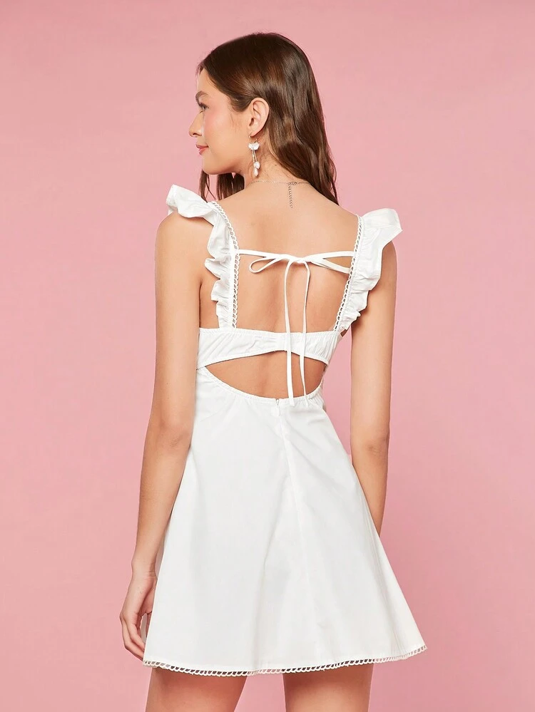 Women Summer Sweet Lace Floral Strappy Backless Ruffle Trim Cami White Mother Day Sundress Concert Outfits Hawaiian