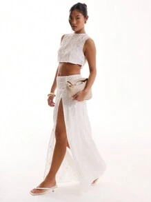 MUSERA Embroidered Floral Linen Feel Low Waist Maxi Skirt Ibiza Boho Summer Elegant Chic Vacation - Baby Pink - View 4