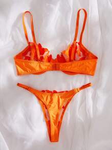 Esselle 女士性感內衣套裝，帶有花卉刺繡和底托，2件套，胸罩和內褲套裝 - 橘色 - 查看 2