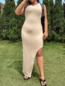 CovetEZ 加大尺碼針織露背高衩純色彈性針織裙 - 杏色 - 查看 5