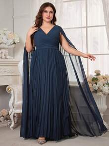 Plus Size Pleated Dress With Cloak Sleeves Chiffon Prom Dress