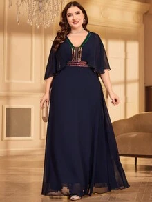 Deep V-Neck Sequin Batwing Sleeve Chiffon Formal Evening Gown - Navy Blue - View 4
