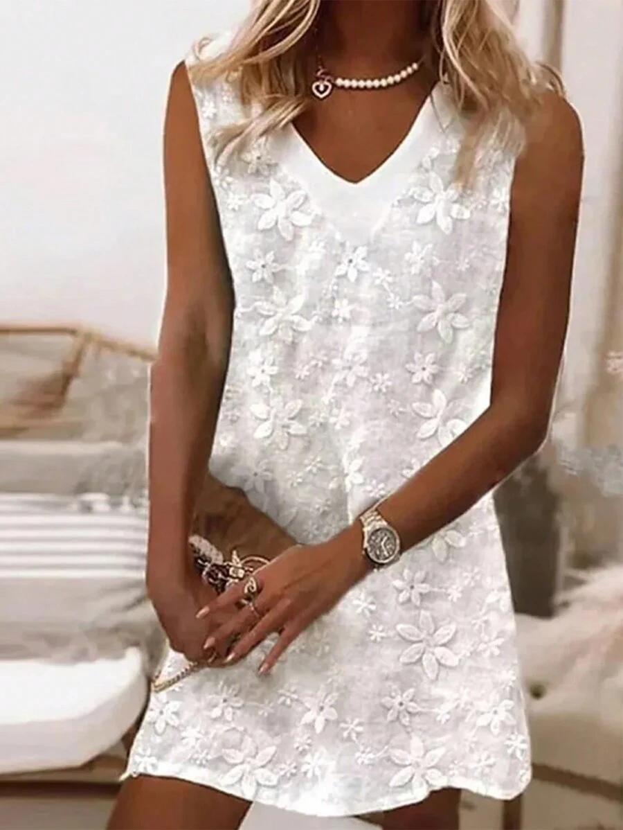 SHEIN VCAY Váy không tay cổ chữ V màu trơn cho nữ - trắng - Xem 1