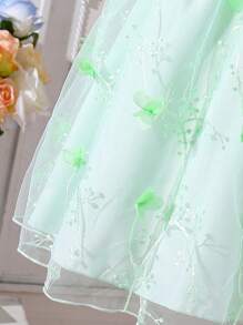 SHEIN 適合青少年女孩的夏季綠色荷葉袖刺繡公主裙，配有3D花朵，適用於婚禮和派對 - 薄荷綠 - 查看 5