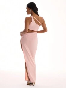 MUSERA 单肩镂空高开衩长裙 夏季春季优雅度假浪漫海滩阳光连衣裙