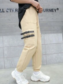 Teen Boy Solid Color Pocketed Jogger Pants - Khaki - View 4