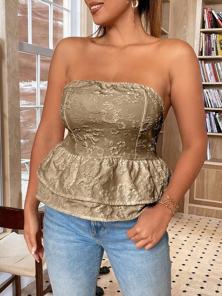 Summer Plus Size Women's Embroidery Design Double Layer Ruffle Hem Bandeau Top With Knotted Back