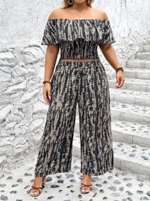 Celure 时尚印花大码女式两件套，含露肩上衣和阔腿裤 - 彩色 - 查看 4