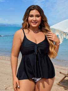 SHEIN Swim Curve Plus Size Summer Beach Vacation Simple Solid Top And Tropical Plant Print Brief Tankini Set - Black and White - View 6