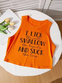 Comfortcana Plus Size Slogan In hình mùa hè Áo ba lỗ không tay bó sát có đường viền cổ tròn, TÔI Liếm muối Nuốt rượu Tequila VÀ HÚT chanh - trái cam - Xem 4