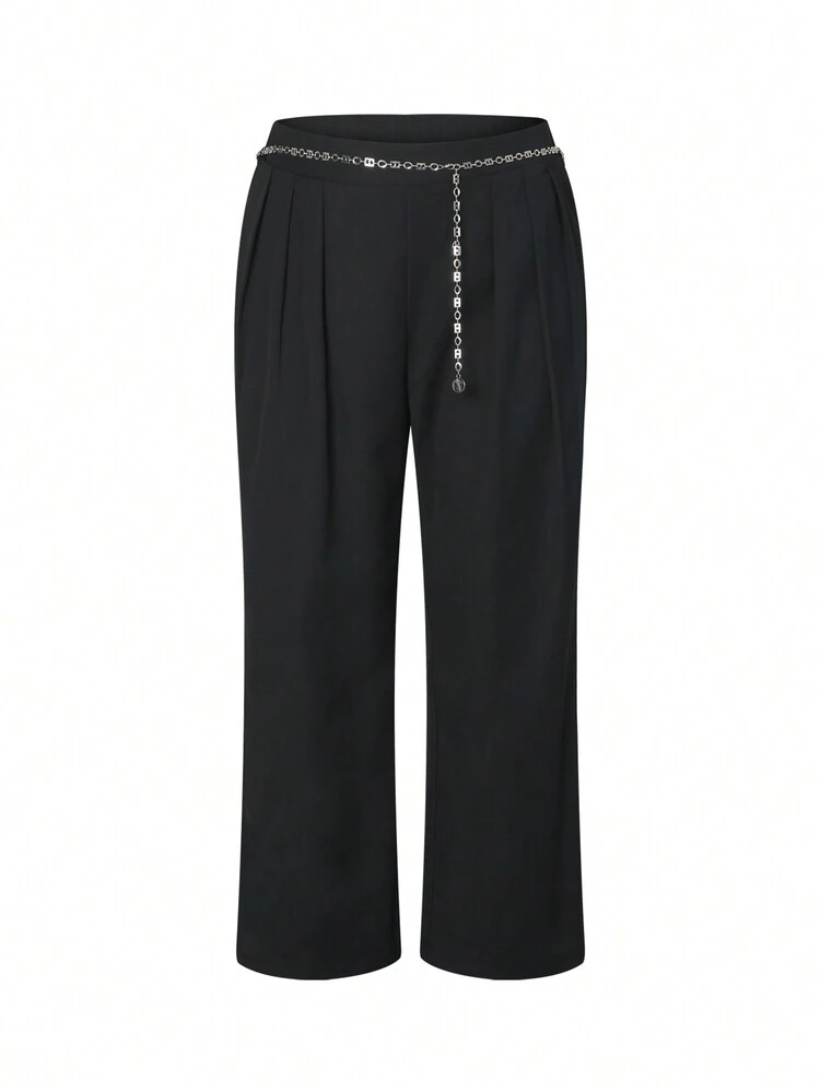 Plus Size Women's Pleated Waist Casual Straight Pants With Chain Detail Fall Cloth For Women