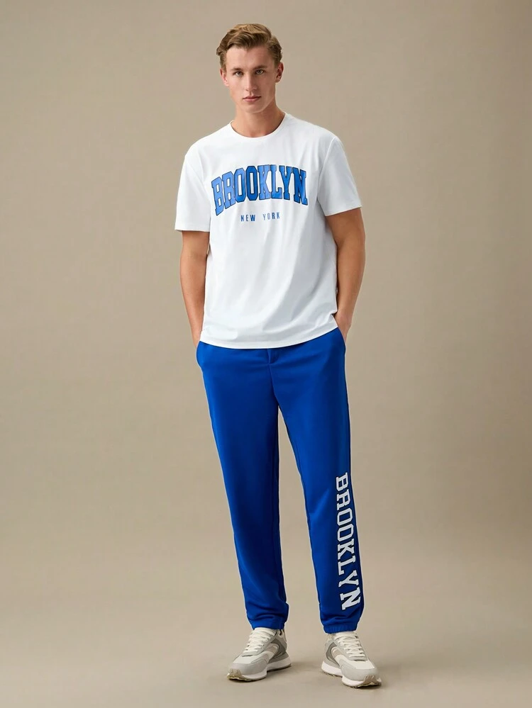 Men Letter Graphic Tee & Drawstring Waist Sweatpants,Back To School