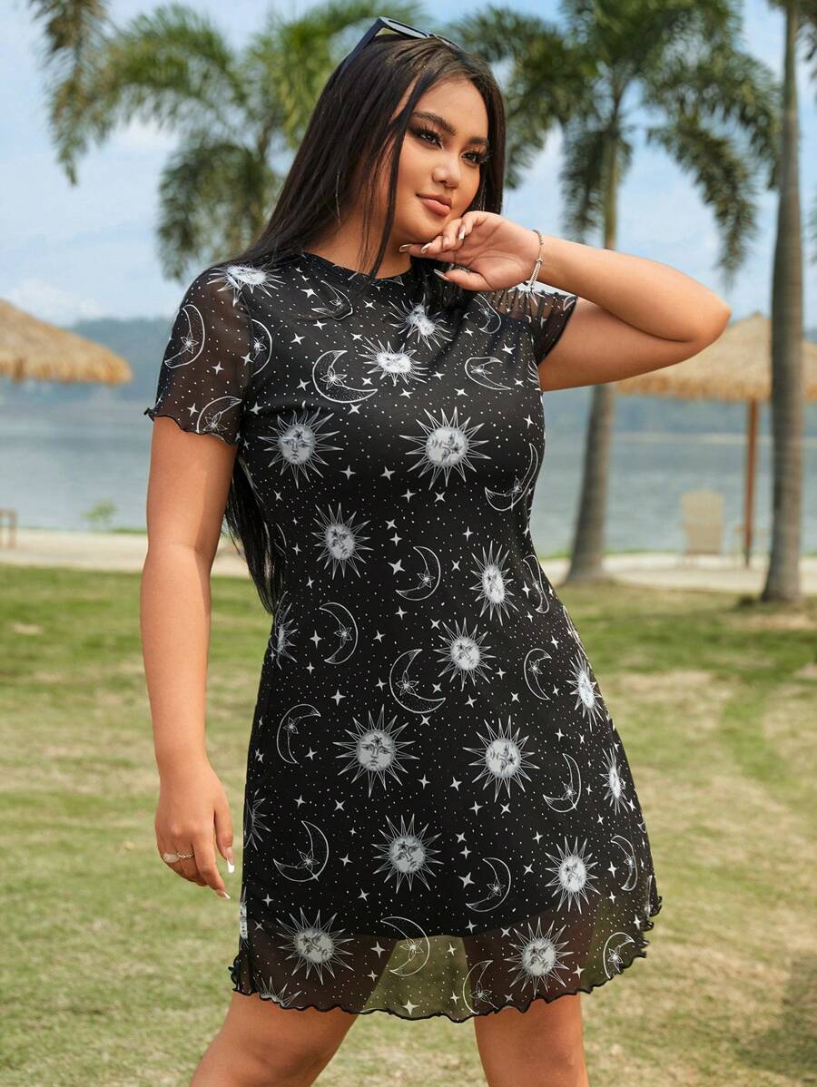 SHEIN EZwear Women Plus Size Short Sleeve Sun, Moon And Stars Pattern Dress For Summer - Black and White - View 1