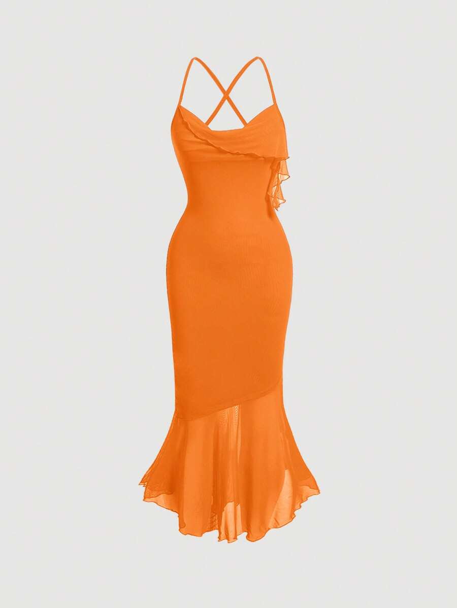 SHEIN MOD Red Prom Ruffle Date Night Ruched Mermaid Hem Cami Dress - Burnt Orange - View 1