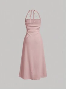 SHEIN MOD 女款純色褶襉腰掛脖吊帶洋裝