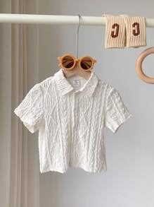 SHEIN LMoss Kids LMoss Baby Boy Baby Girl Casual Solid Color Hollow Out Soft Knit Round Neck Short Sleeve Top