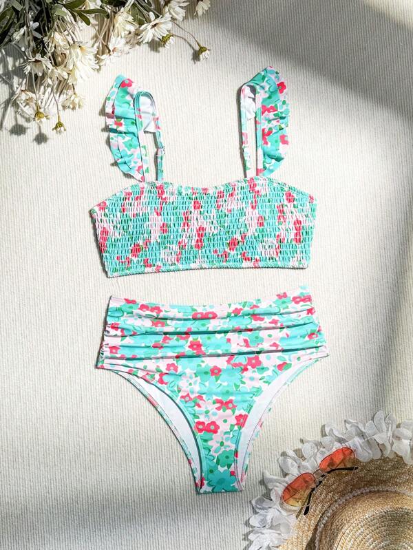 SHEIN Swim Conjunto de bikini de playa para mujer con estampado floral, ribete con volantes y decorado