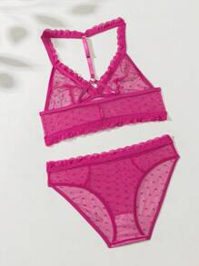 SHEIN Conjunto De Lencería De Malla De Lunares Recortados Con Encaje Sexy Para Mujer