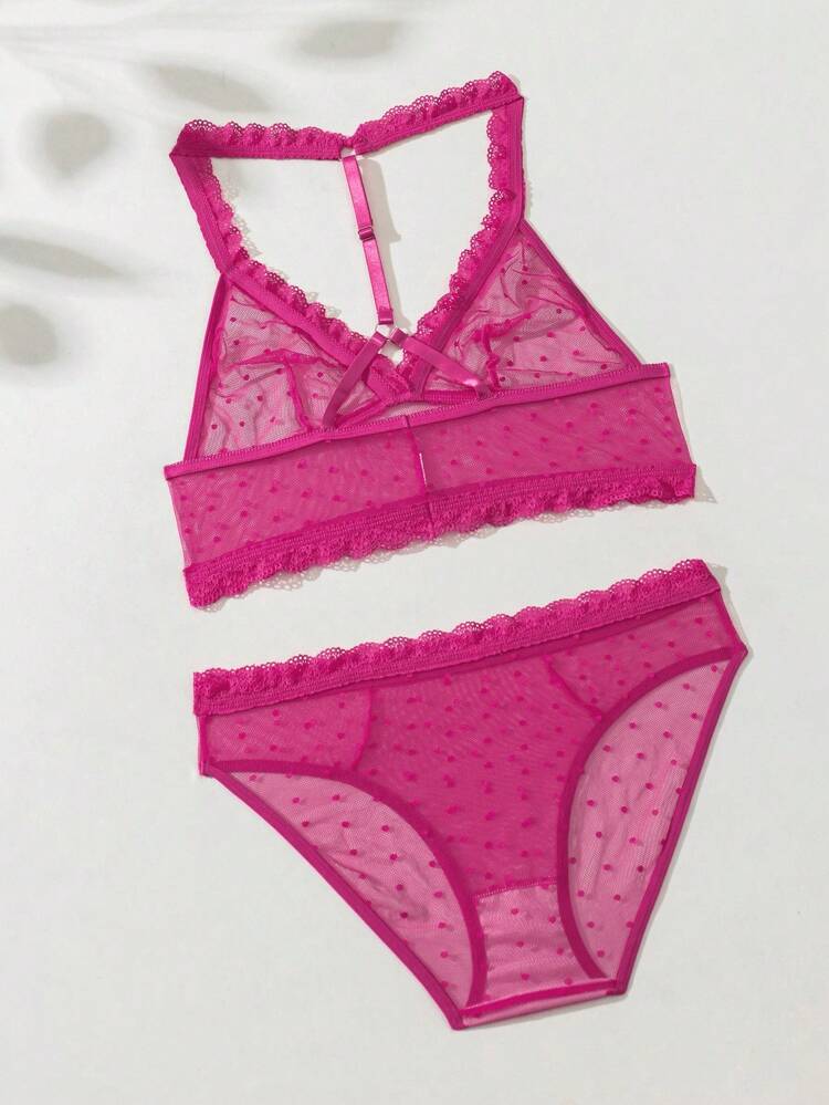 Women's Sexy Lace Trimmed Polka Dot Mesh Lingerie Set