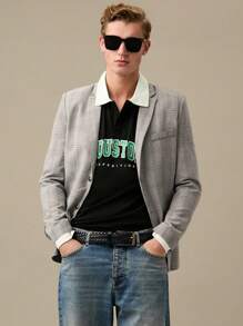 Manfinity VCAY 男式棉质字母图案撞色边饰 Polo 衫，返校季 - 黑色 - 查看 4