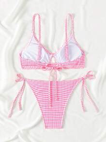 Swim Mod 夏日海灘女士海灘格紋領頸比基尼套裝，配帶綁帶側邊下擺 - 粉色 - 查看 6