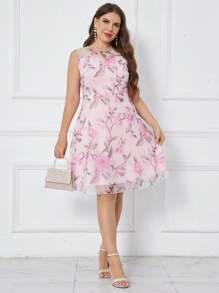 SHEIN Clasi Robe sans manches grande taille en dentelle à imprimé fleuri - Rose bonbon - Voir 4