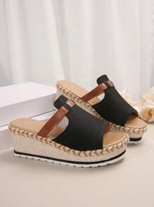 Summer New One-Piece Open Toe Fashion Women Wedge Thick-Soled Slippers - Black - View 4