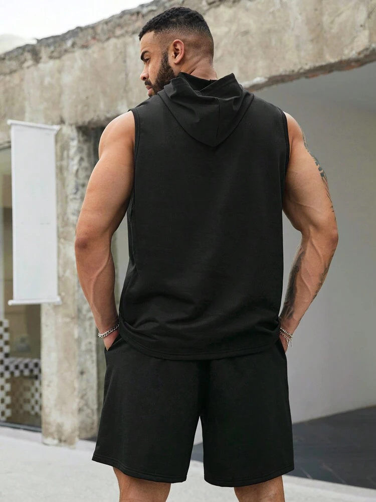 Men Plus Size Summer Loose Casual Set With Letter Skull Print Hooded Tank Top And Shorts