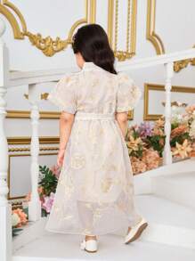 SHEIN Young Girl's Elegant Embroidered Lantern Sleeve Long Dress