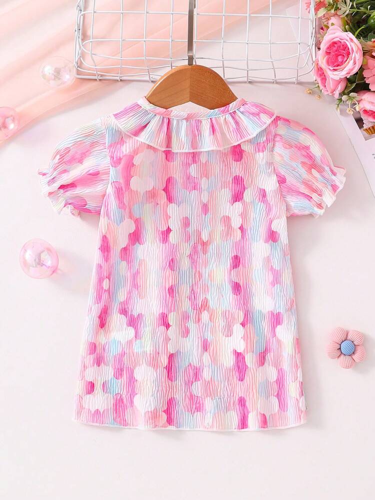 Baby Girls' Comfortable Short-Sleeve Collared Ruffle Hem Pleated Colorful Pink Dreamlike Summer Home Dress