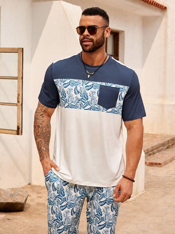 ResortEase Men Plus Size Holiday Color-Blocking Printed Patchwork Short Sleeve Hawaiian T-Shirt And Full-Length Printed Pants Set